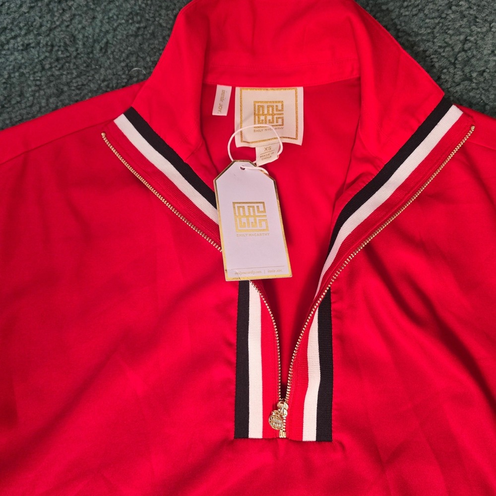 Emily McCarthy Womens Poppy Pullover Red Varsity Ombre Quarter Zip Top XS NWT